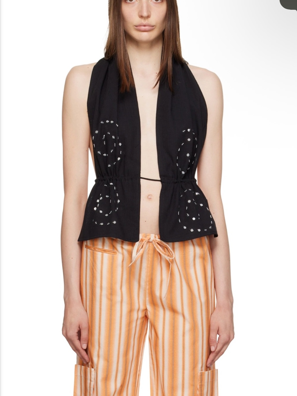 Black Sleeveless Halter Top with White Embroidered Dots